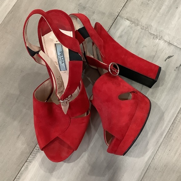 Prada Red Suede Platform Heels - Picture 1 of 7